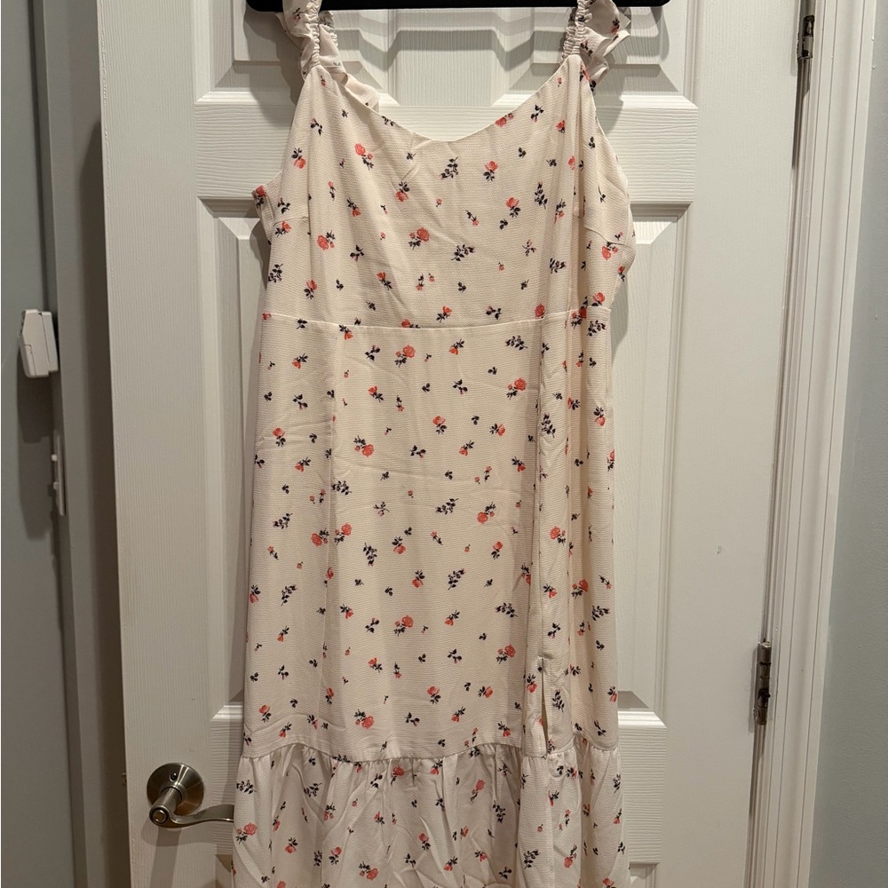 Cream Floral Midi Dress with Ruffle Straps